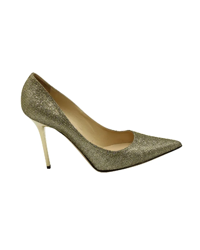 Jimmy Choo Glitter Abel Pointed Toe Pumps in Metallic Gold Lamè