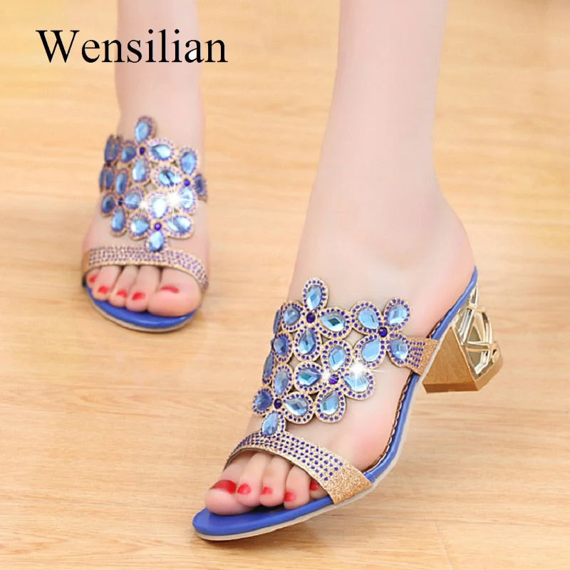 Designer Ladies Slides Slippers Sandals Crystal Peep Toe Middle Heels