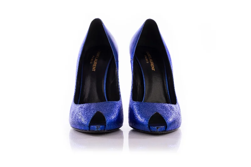 Saint Laurent Blue Metallic Peeptoe Pumps