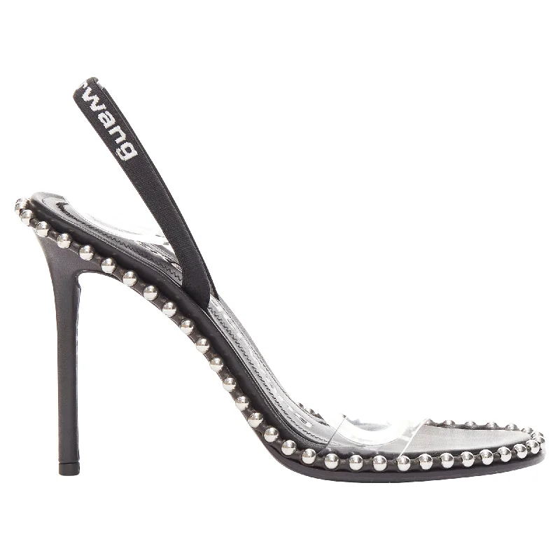 Alexander Wang Nova 105 silver studded black logo slingback heels