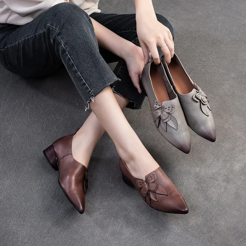 Women Retro Soft Leather Low Block Pumps