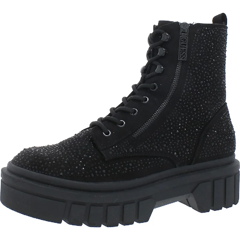 Guess Womens Ferine Rhinestone Embellished Combat & Lace-up Boots