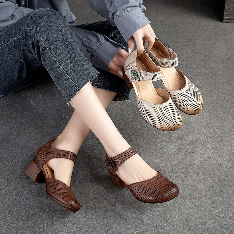 Women Summer Retro Velcro Leather Chunky Pumps