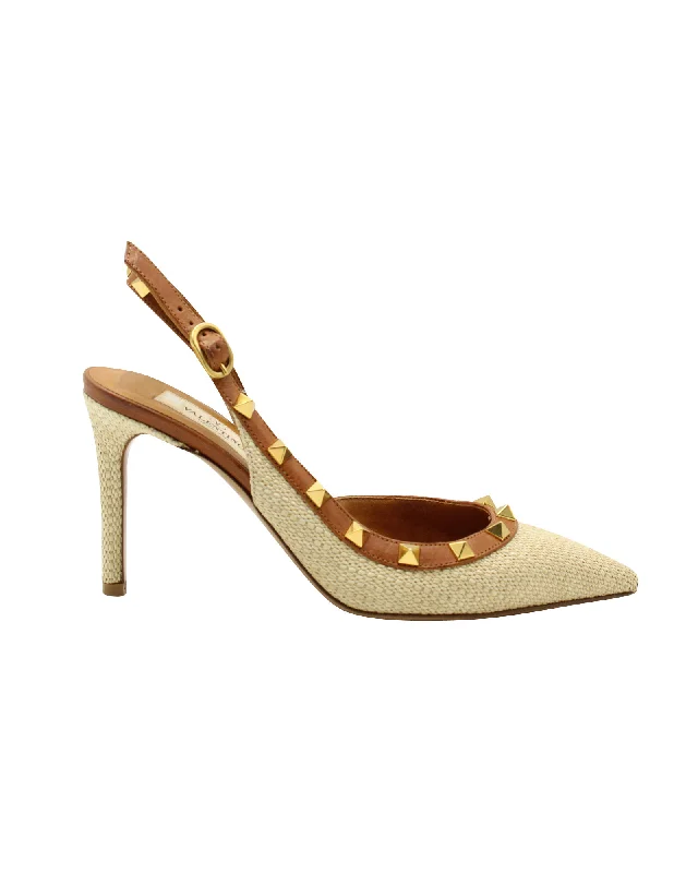 Valentino Garavani Rockstud Leather Trimmed Slingback Heels in Beige Raffia