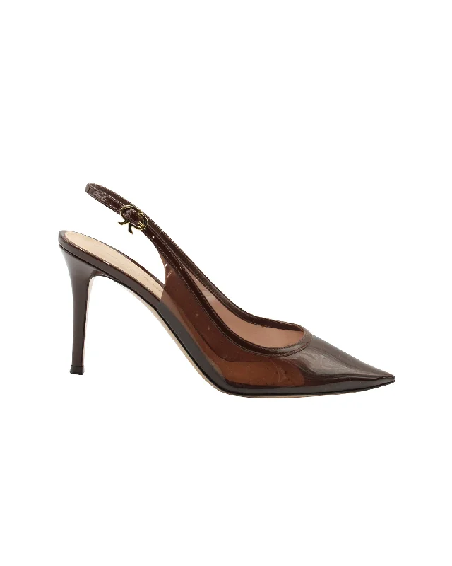 Gianvito Rossi Plexi 85 Slingback Pumps in Brown Leather-Trimmed PVC