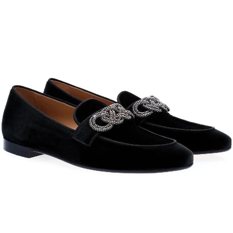 SUPERGLAMOUROUS Morosino Men's Shoes Black Velour Velvet Slipper Loafers (SPGM1033)