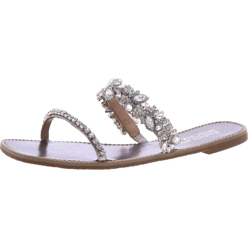 Badgley Mischka Womens Jenelle Leather Rhinestone Slide Sandals