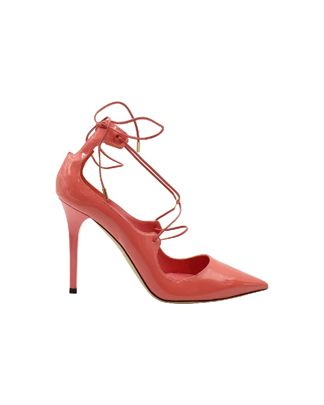 Jimmy Choo Vita 100 Lace Up Pumps in Patent Leather Coral Pink