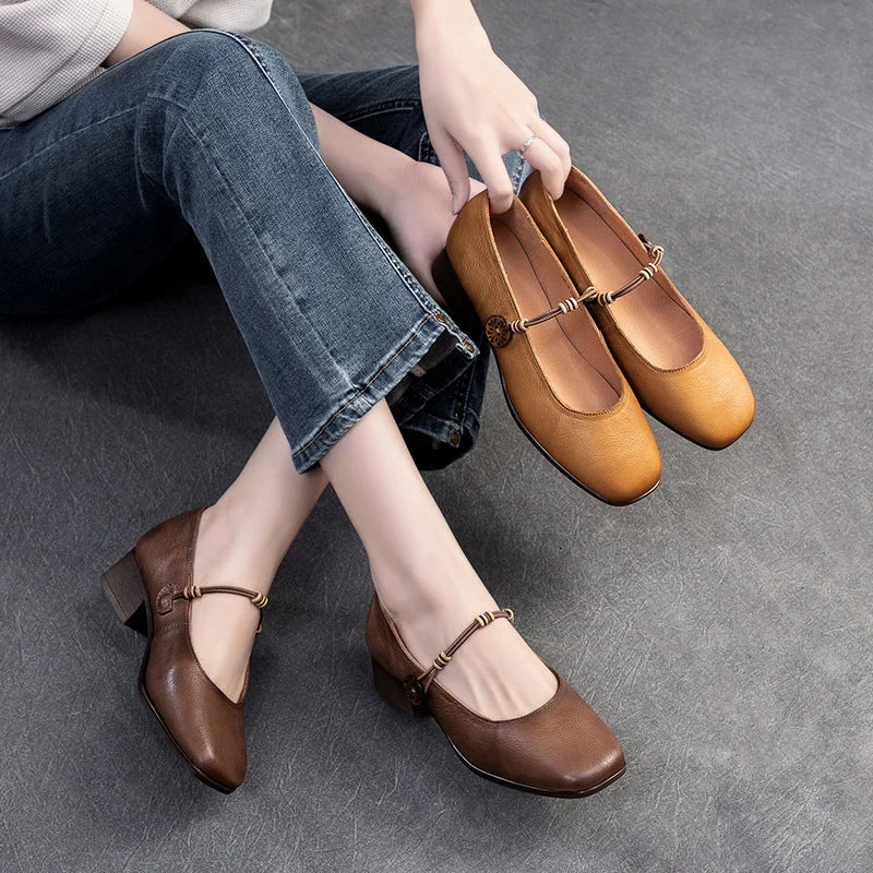 Women Retro Leather Casual Low Block Pumps