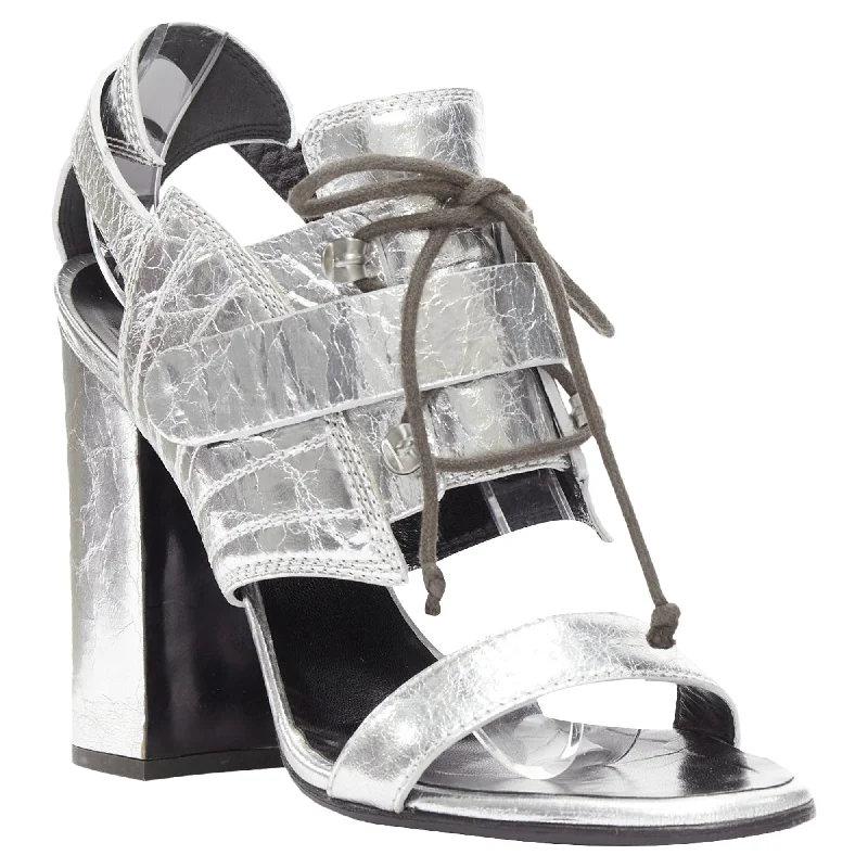 Proenza Schouler crinkled metallic silver leather laced block heel sandal