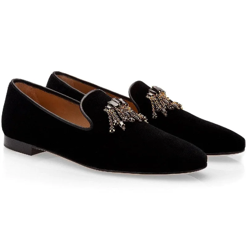 SUPERGLAMOUROUS Gilles Men's Shoes Black Velour Velvet Slipper Loafers (SPGM1034)