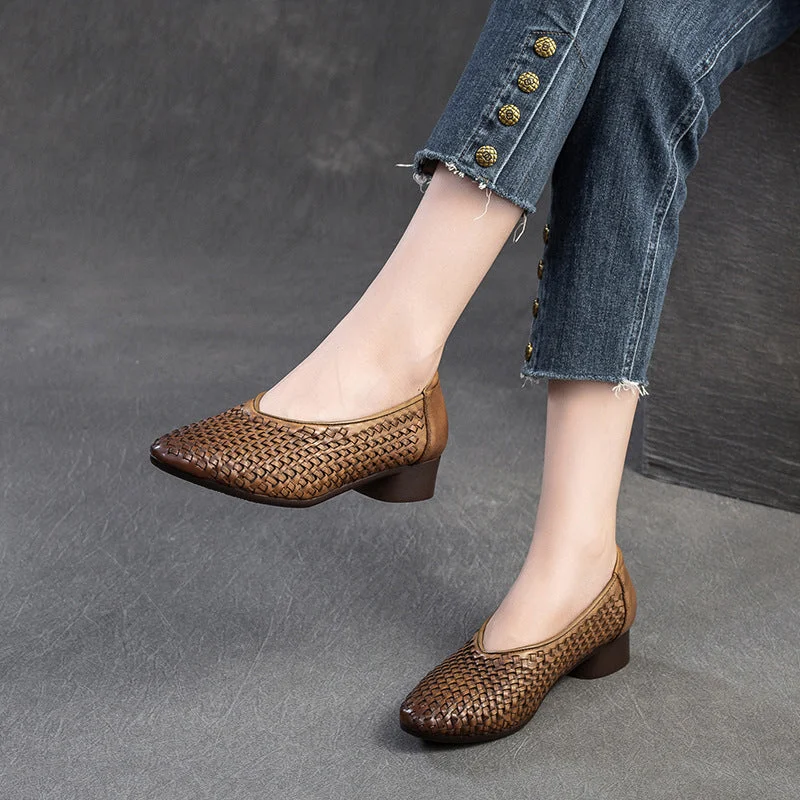 Women Retro Plaited Leather Pointed Toe Low Block Pumps