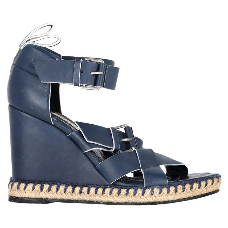 Balenciaga Buckle Straps Espadrille Wedge Heels in Navy Blue Leather