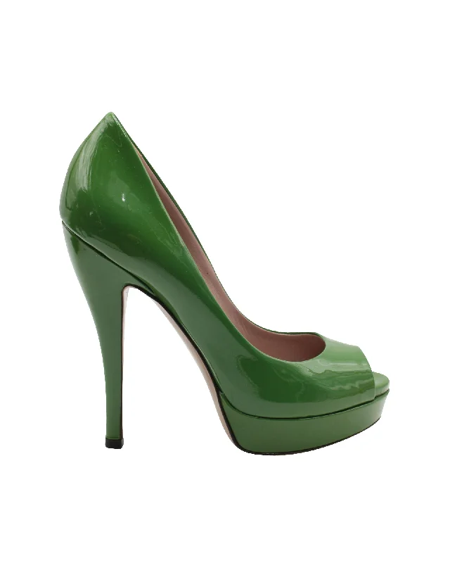 Gucci Peep-Toe High Heel Pumps in Green Patent Leather