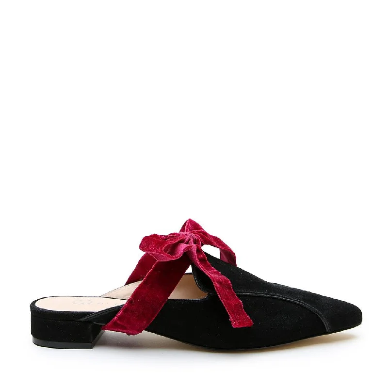 Black Suede Pointed Loafer + Red Velvet Marie Strap