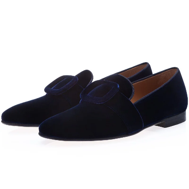 SUPERGLAMOUROUS Savoy Men's Shoes Navy Velour Velvet Slipper Loafers (SPGM1308)