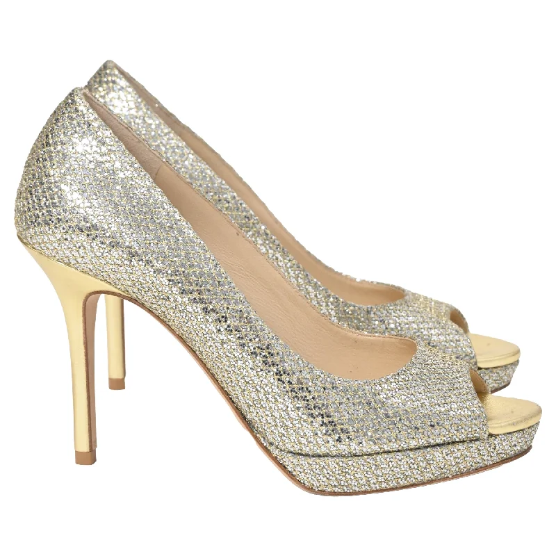 Jimmy Choo Peep Toe Dahlia Pumps in Silver Glitter